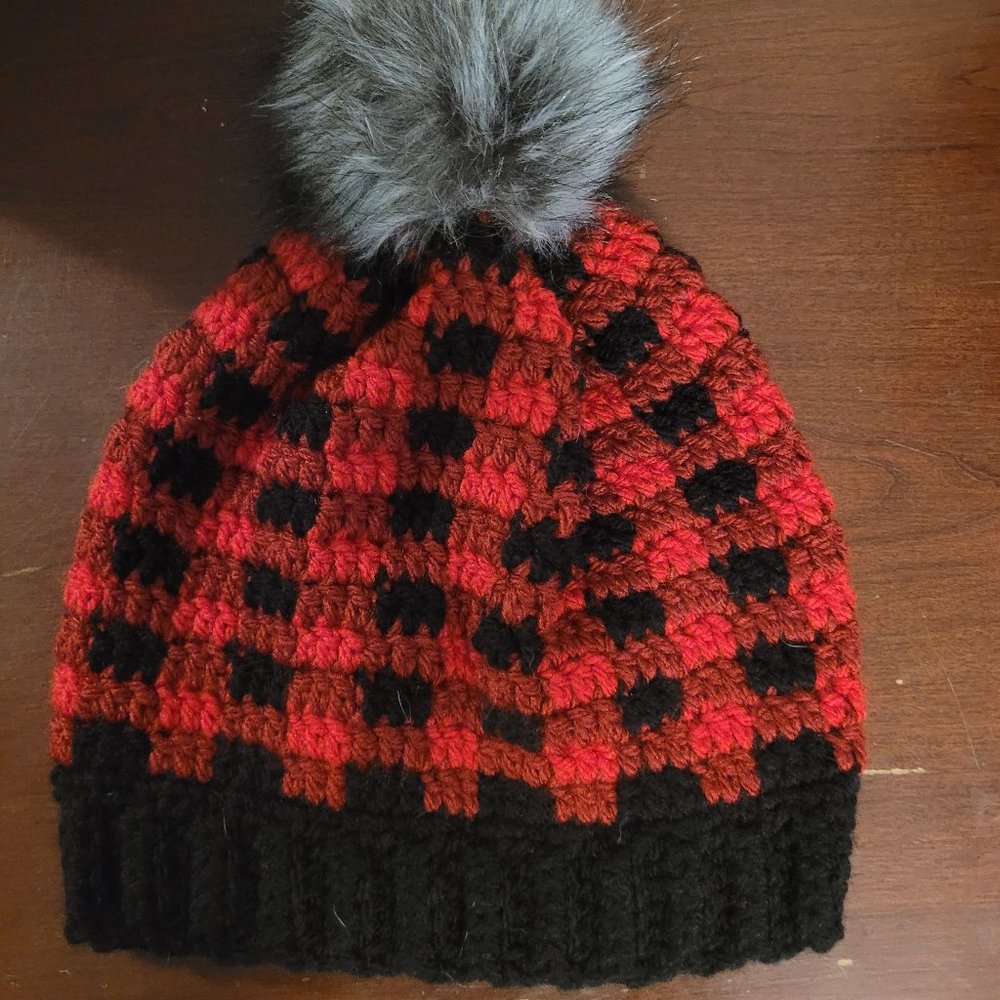 Handmade Buffalo Plaid Crochet Beanie with Faux Fur Pom